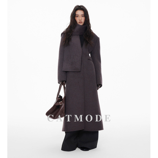 LIONCAT/冬季新款气质时尚高级老钱风围巾款羊毛双面呢大衣外套女