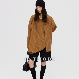 套装 复古咖色条纹吊带裙衬衫 不规则下摆设计感小众两件套 2026