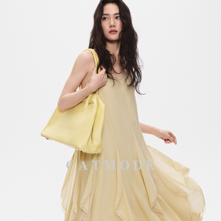 连衣裙 不规则荷叶边中长款 LION&CAT 鹅黄蕾丝花边吊带裙
