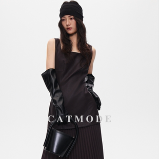 背心连衣裙 显瘦收腰无袖 LION&CAT 方领皮质拼接百褶长裙