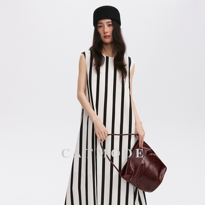 黑白条纹无袖A字显瘦连衣裙