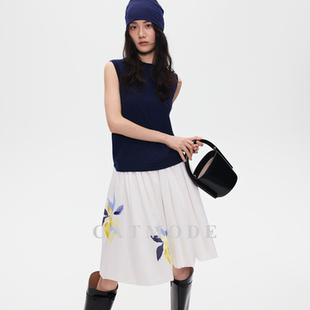 温柔通勤套装 LION&CAT 水墨花卉半身裙 针织背心 藏青无袖