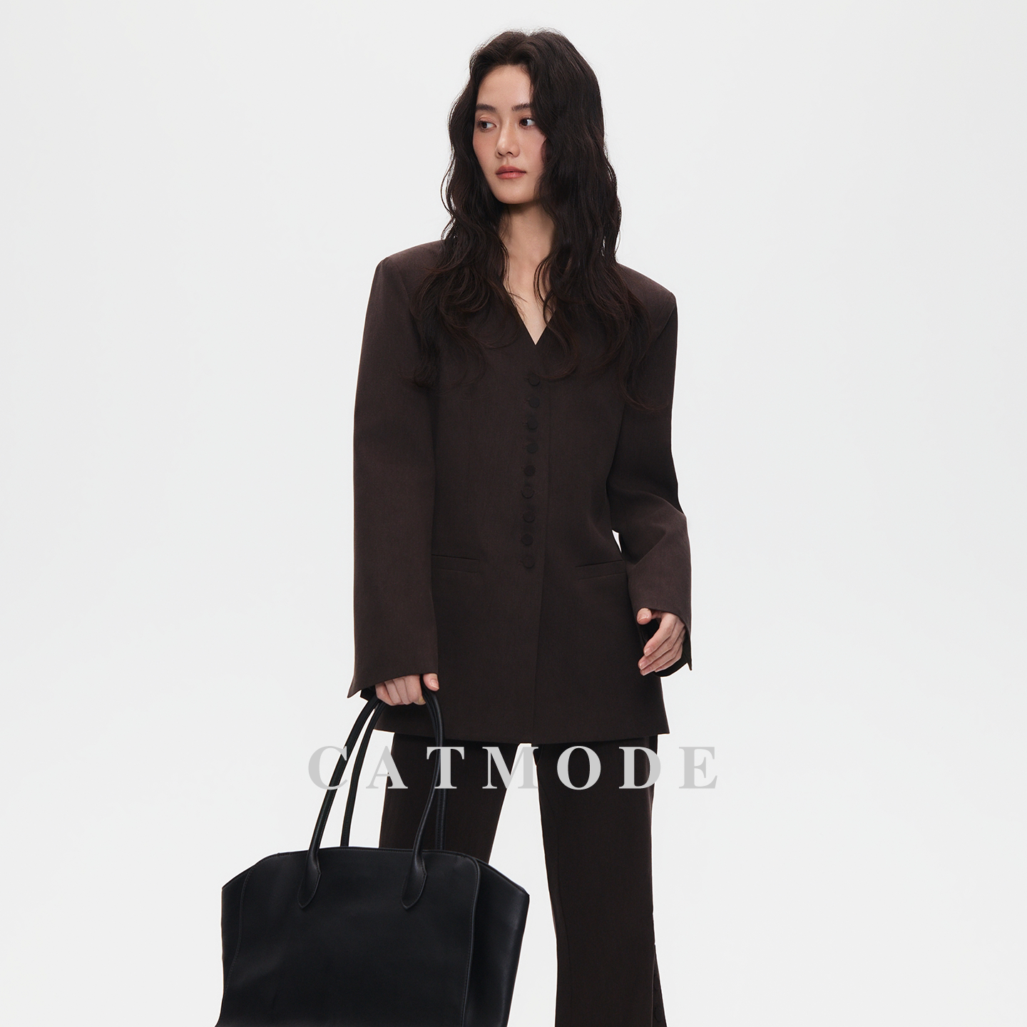 LION&CAT莱赛尔丝V领单排扣西装套装女 高腰阔腿裤通勤两件套