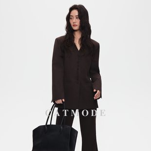 高腰阔腿裤 女 通勤两件套 套装 LION&CAT莱赛尔丝V领单排扣西装