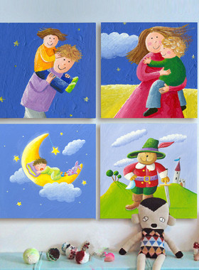 儿童房装饰画卡通仿油画可爱男孩女孩卧室床头挂画幼儿园走廊壁画