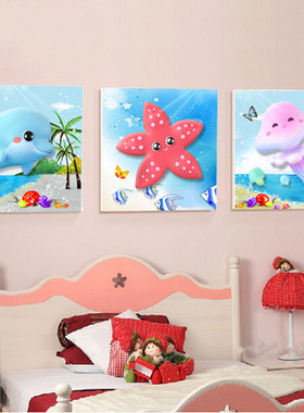 现代儿童房装饰画卡通风景无框画女孩房间卧室床头挂画墙画三联画