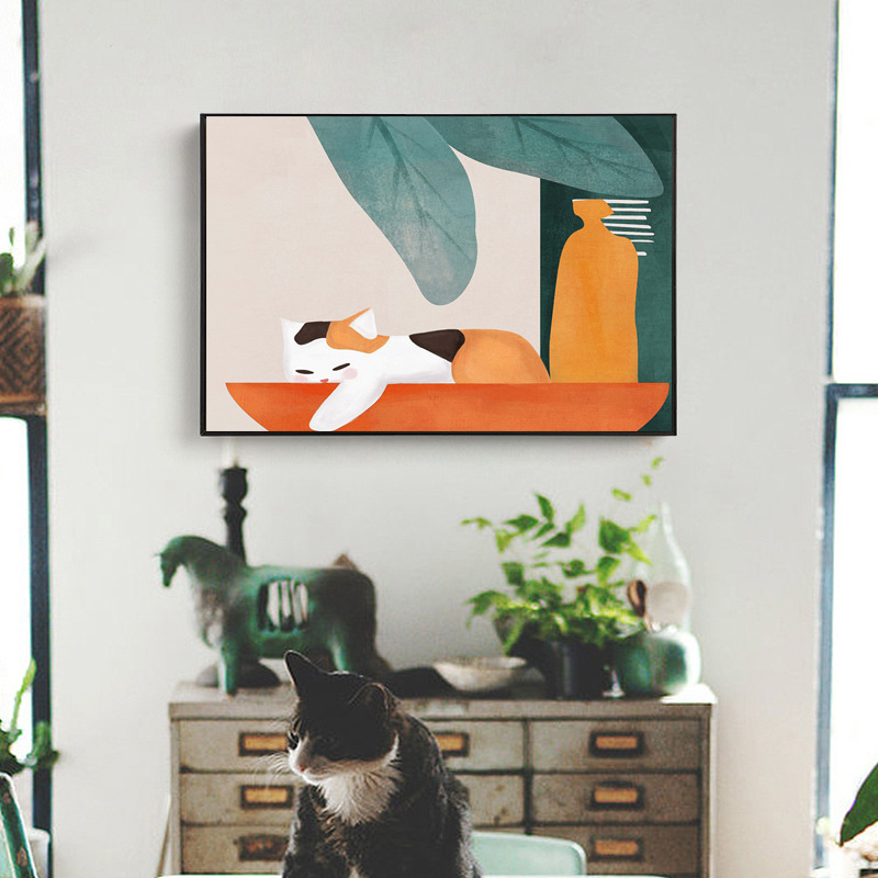 北欧现代餐厅装饰画ins水彩绿植水果猫咪挂画清新客厅壁画ins风