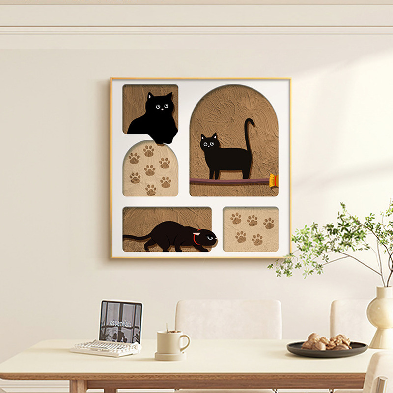 卡通猫咪餐厅挂画北欧奶油风客厅装饰画现代简约卧室正方形摆画图片