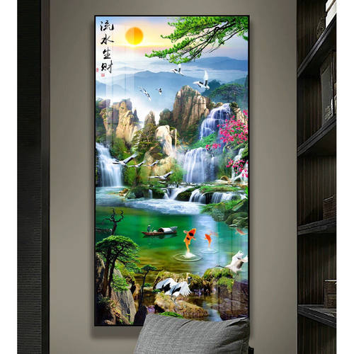 新中式玄关装饰画走廊过道竖版挂画入户寓意好客厅高山流水风景画