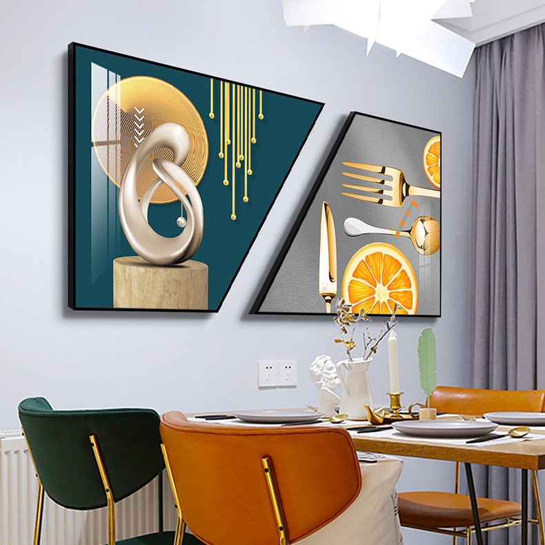 现代简约餐厅装饰画轻奢风饭厅创意梯形餐桌组合挂画酒杯晶瓷壁画