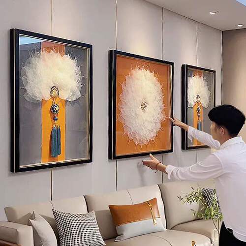 菩提孔雀羽毛沙发背景墙装饰画2025客厅新款挂画新中式适合大白墙