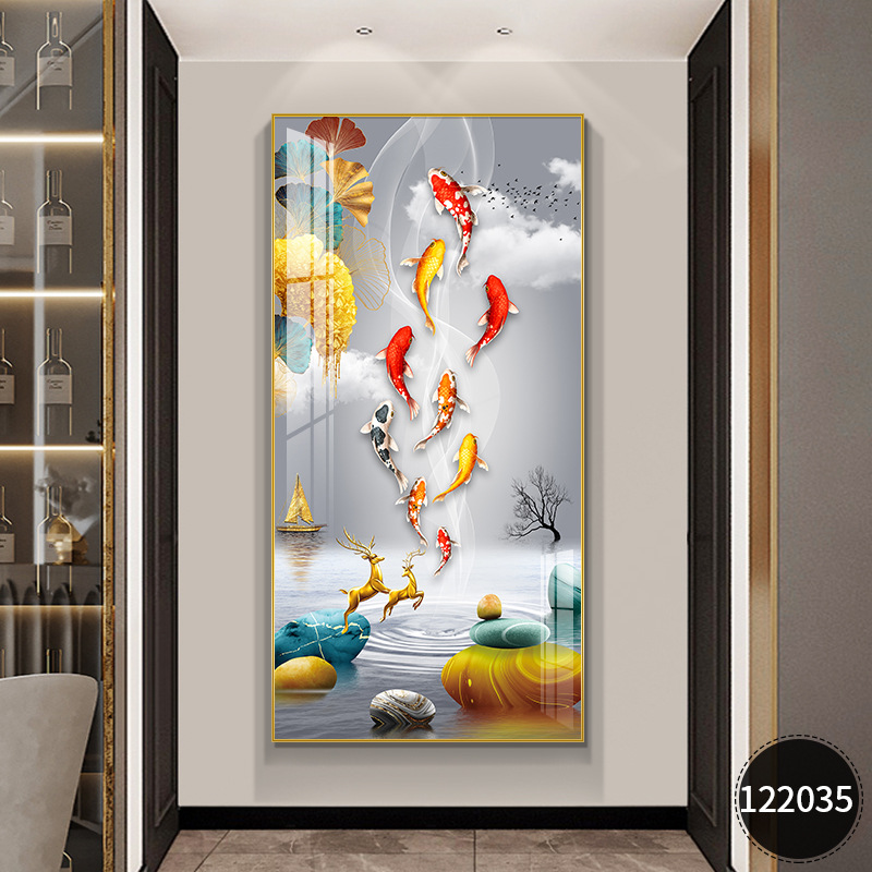 现代简约入户玄关装饰画正对门走廊过道晶瓷挂画九鱼图寓意好壁画图片