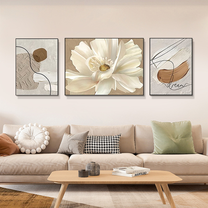 奶油风客厅装饰画现代简约沙发背景墙挂画富贵花开牡丹花油画壁画图片