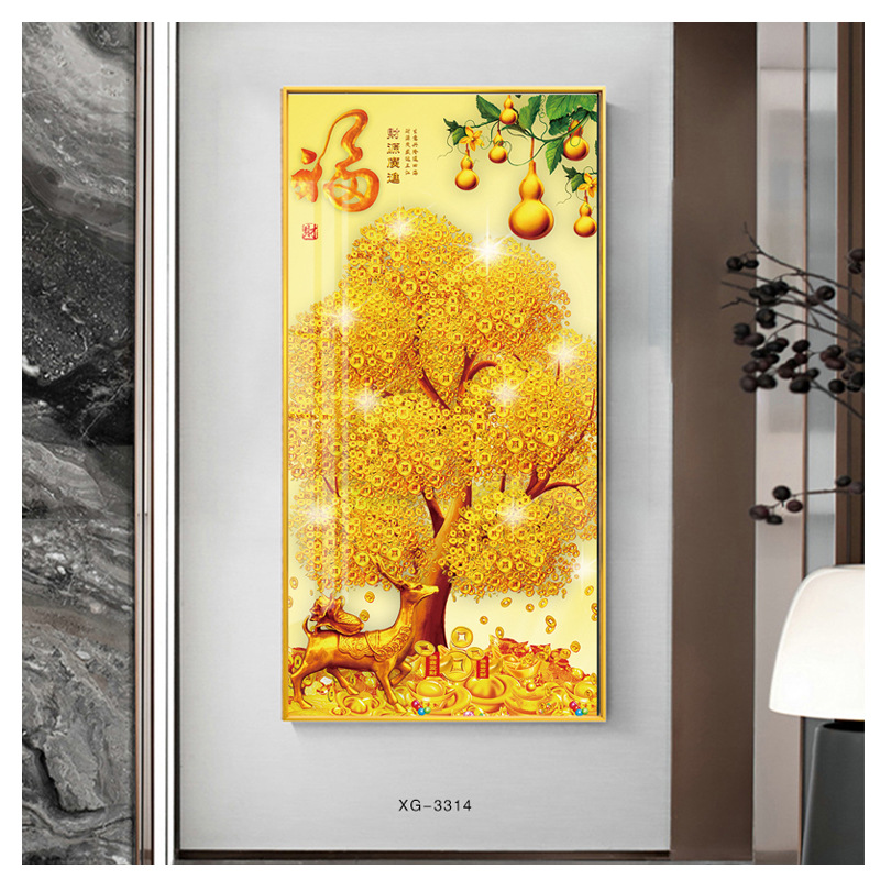 新中式发财树入户玄关装饰画富贵生财金树走廊过道壁画镶钻晶瓷画