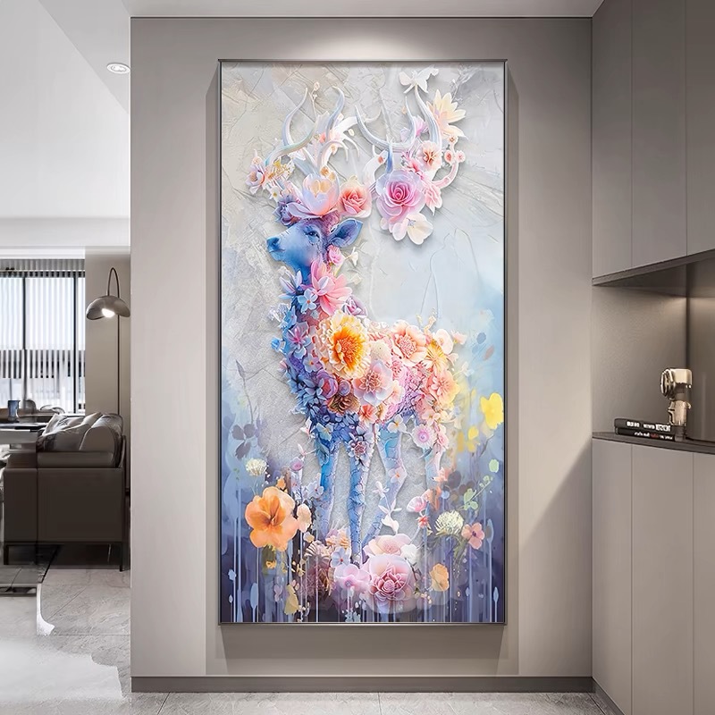 奶油风麋鹿玄关装饰画一路生花卉客厅入户门挂画走廊尽头竖版壁画