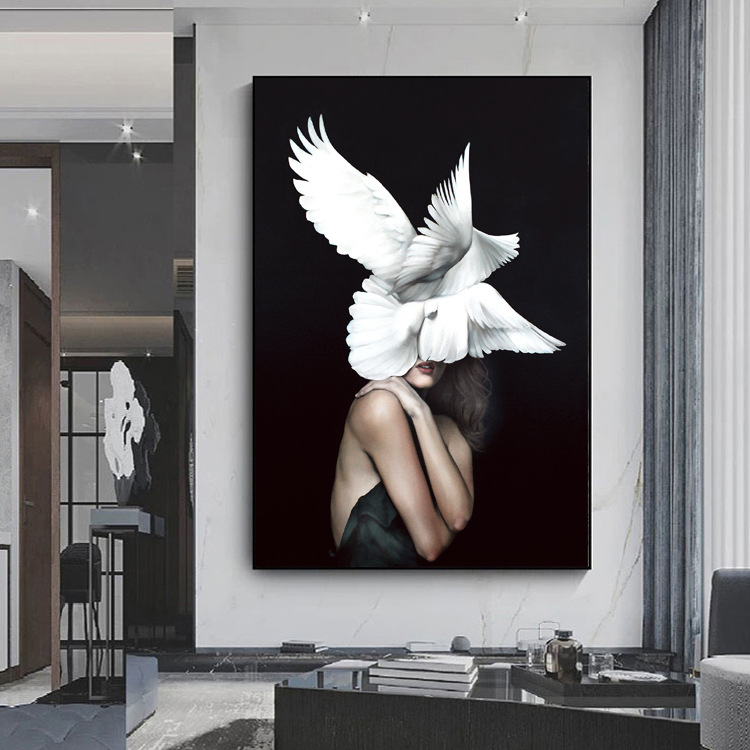 现代女人玄关过道装饰画轻奢入户门羽毛挂画美发人物酒店美女壁画图片