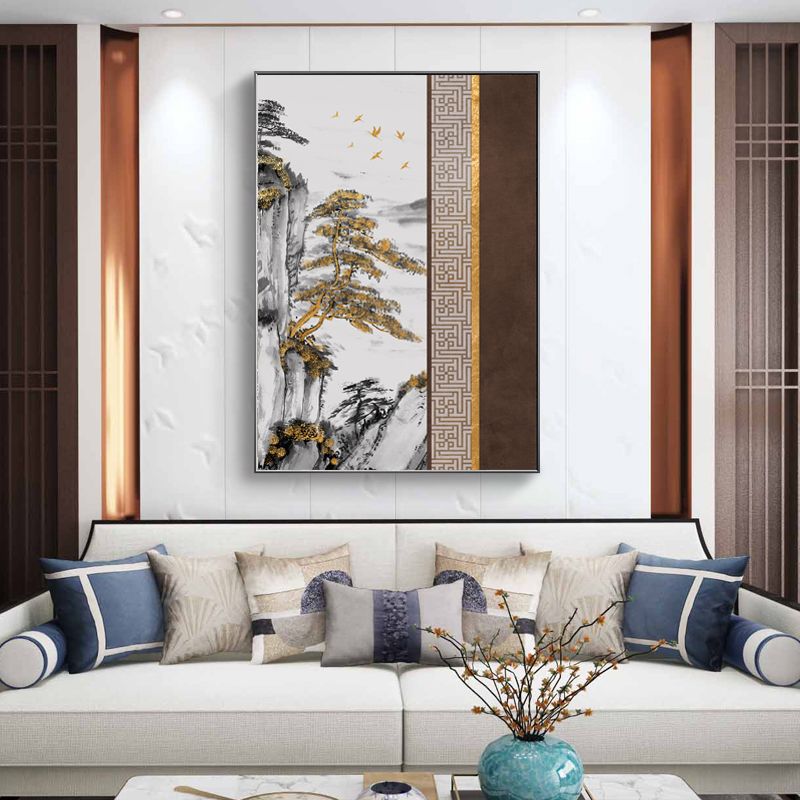 新中式客厅茶室书房入户玄关装饰画山水松树背景墙壁现代轻奢挂画图片