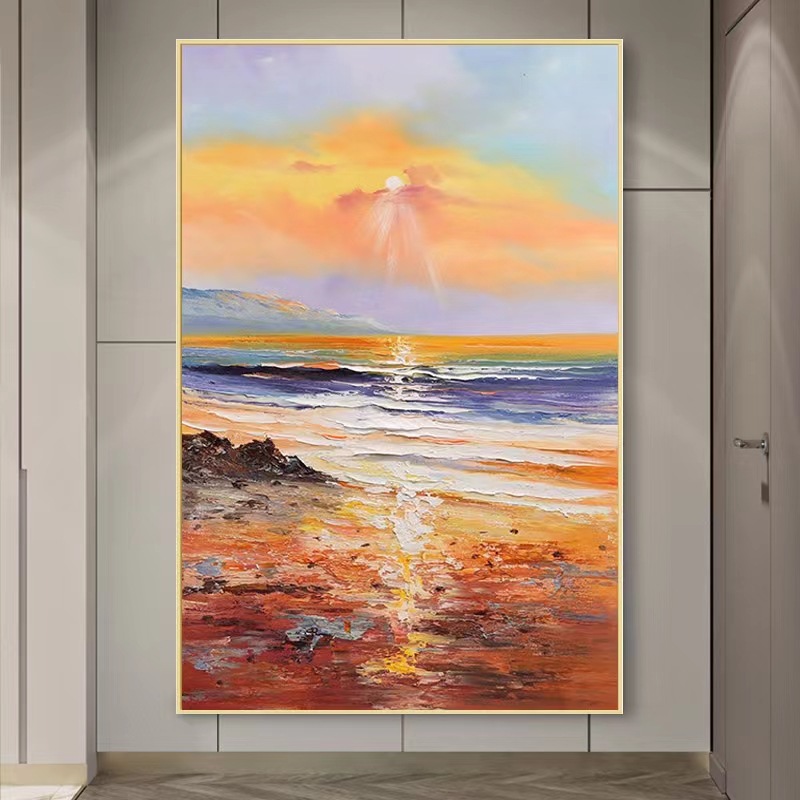 纯手绘海景刀画肌理装饰画玄关竖款油画新中式红色抽象挂画落地画