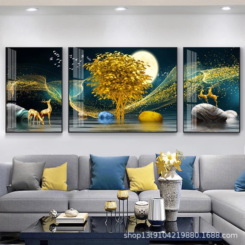 晶瓷画3d立体镶钻壁画客厅装饰画挂画现代简约沙发背景轻奢三联画
