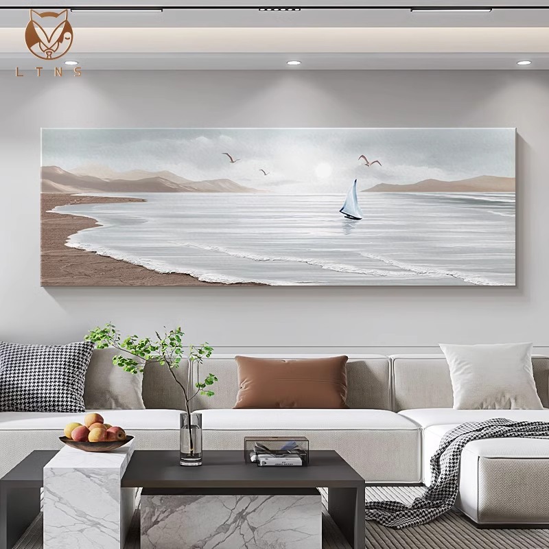 一帆风顺客厅装饰画现代简约沙发背景墙横版挂画立体砂岩肌理壁画