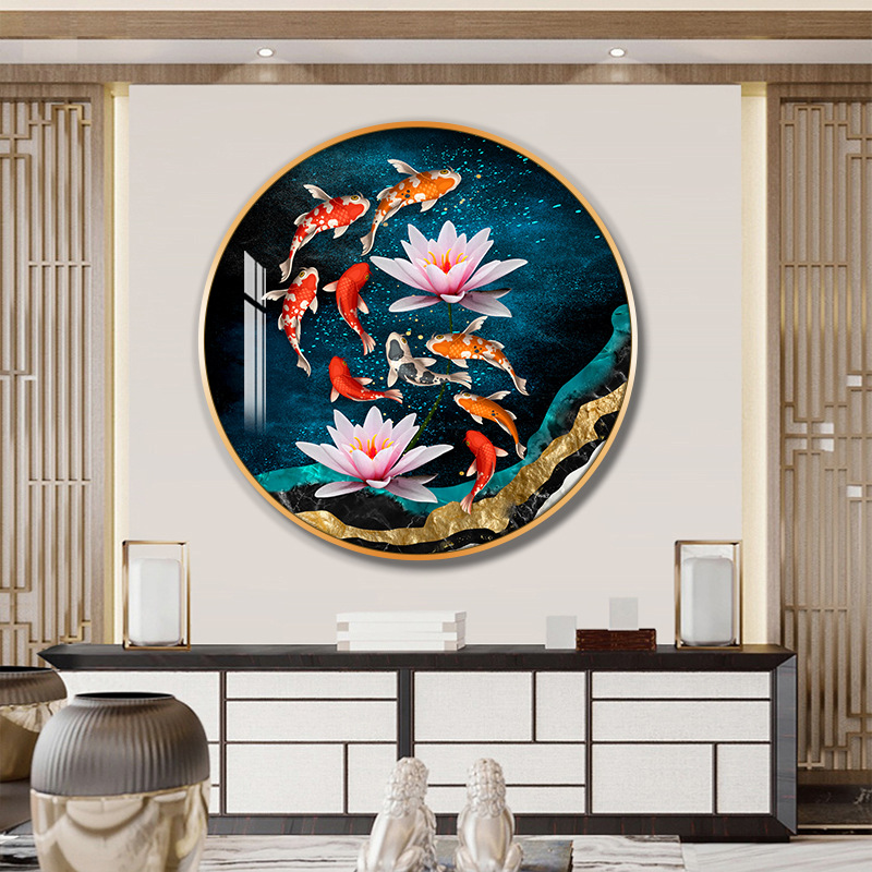 轻奢入户玄关圆形装饰画走廊过道背景墙客厅晶瓷画壁画九鱼图挂画图片