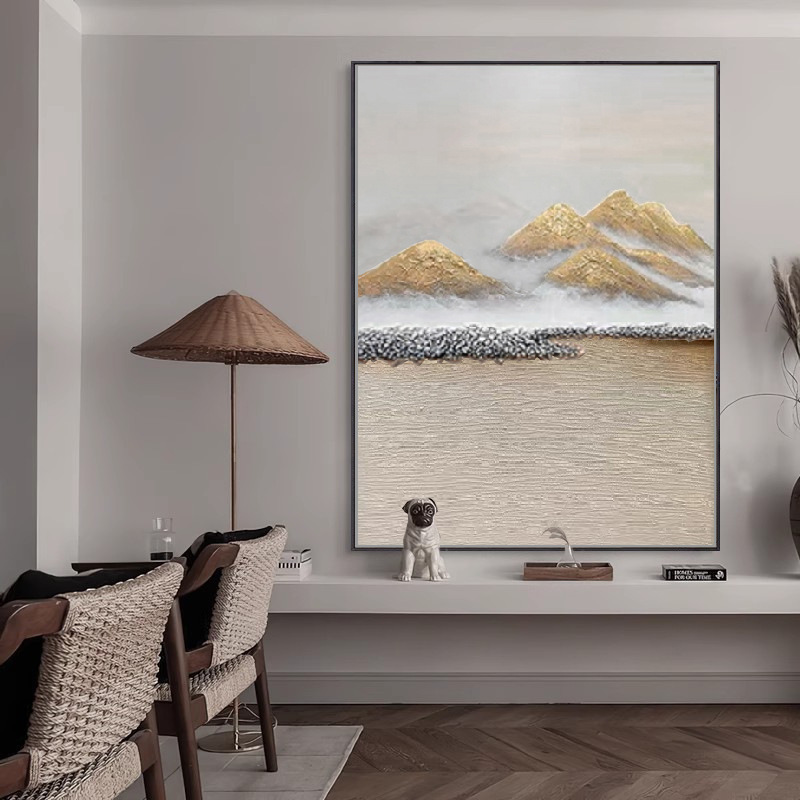 《鎏金靠山》背靠金山手绘油画新中式客厅挂画抽象玄关装饰画