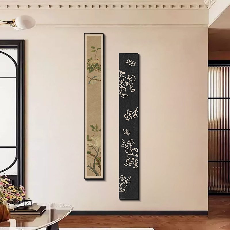 中古风花鸟窄长条玄关装饰画复古入户正对门壁画小众艺术客厅挂画