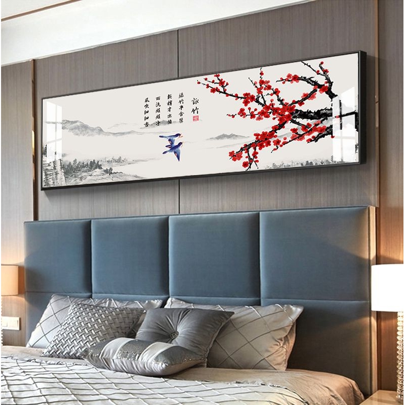 水墨花鸟 现代轻奢客厅装饰画山水画横版背有靠山沙发背景墙挂画