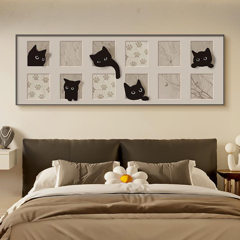 现代简约卧室装饰画抽象创意猫咪艺术壁画奶油风儿童房床头挂画