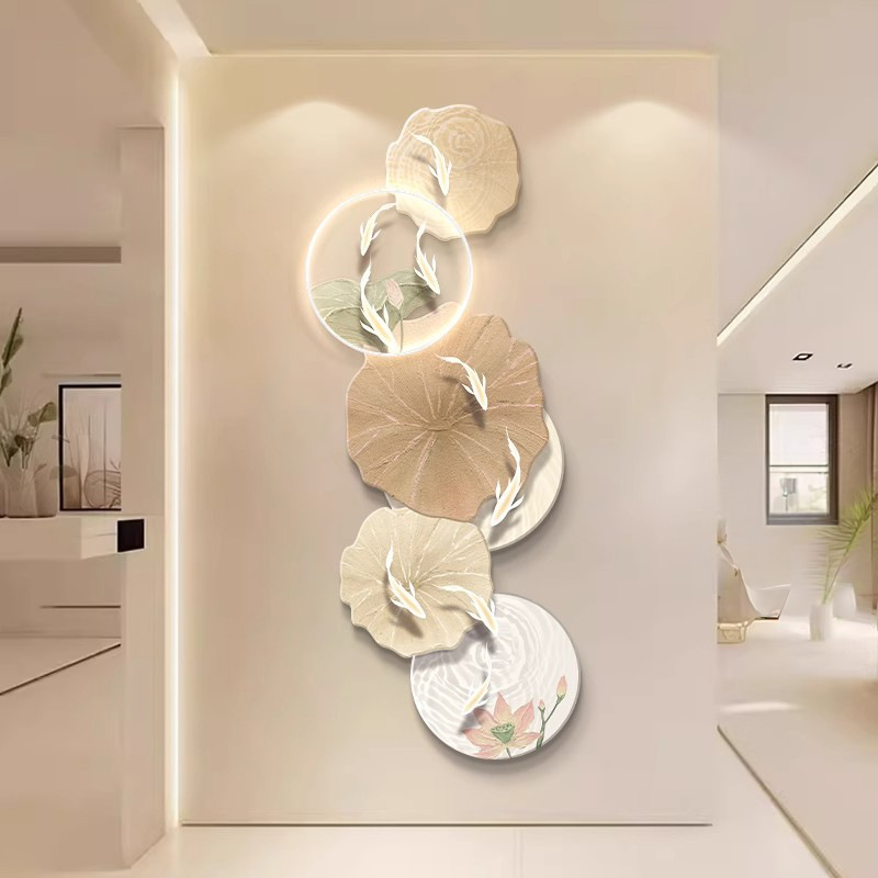 九鱼图入户玄关装饰画走廊过道奶油风带led灯壁画简约小清新挂画