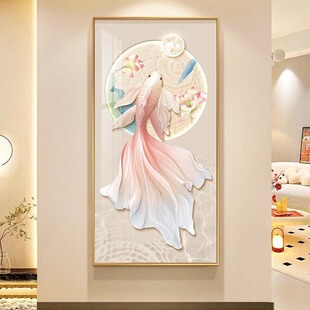 玄关装 高档大气挂画 饰画锦鲤金鱼客厅入户走廊过道尽头壁画竖版