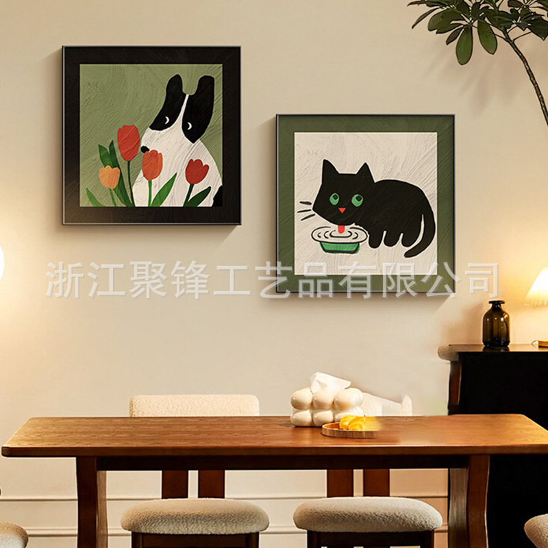 中古风餐厅装饰画卡通动物多巴胺客厅挂画复古高级感组合卧室壁画图片