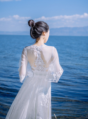 麦子家白色超仙蕾丝网纱连衣裙飘逸大摆绝美性感露背海边度假长裙