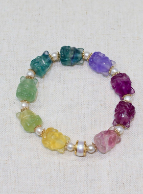 天然萤石水晶手链精工雕刻九尾狐搭配纯银鎏金镶嵌碧玺锆石