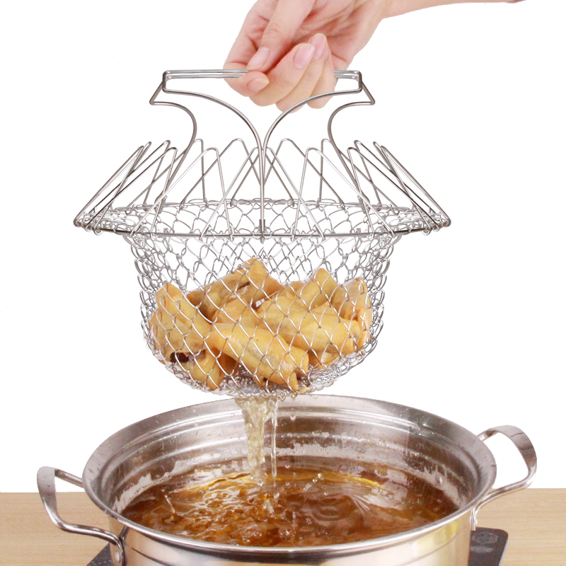 炸篮304不锈钢折叠圆形沥水蓝