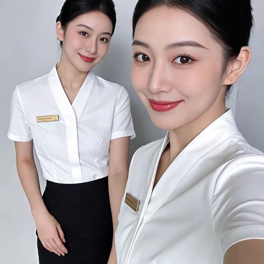 短袖V领白衬衫女工作服正装通勤衬衫