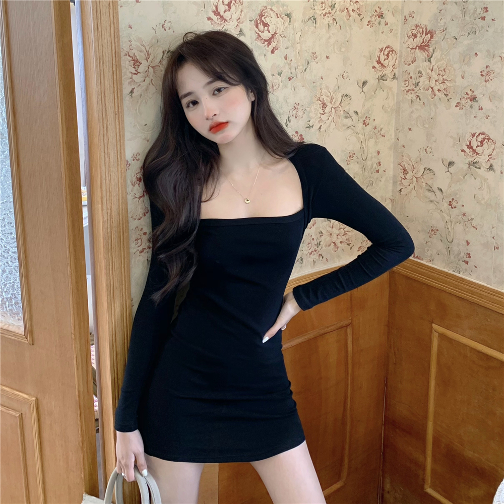 Real price sexy square collar and clavicle tight dress