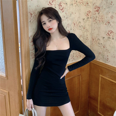 Real price sexy square collar and clavicle tight dress
