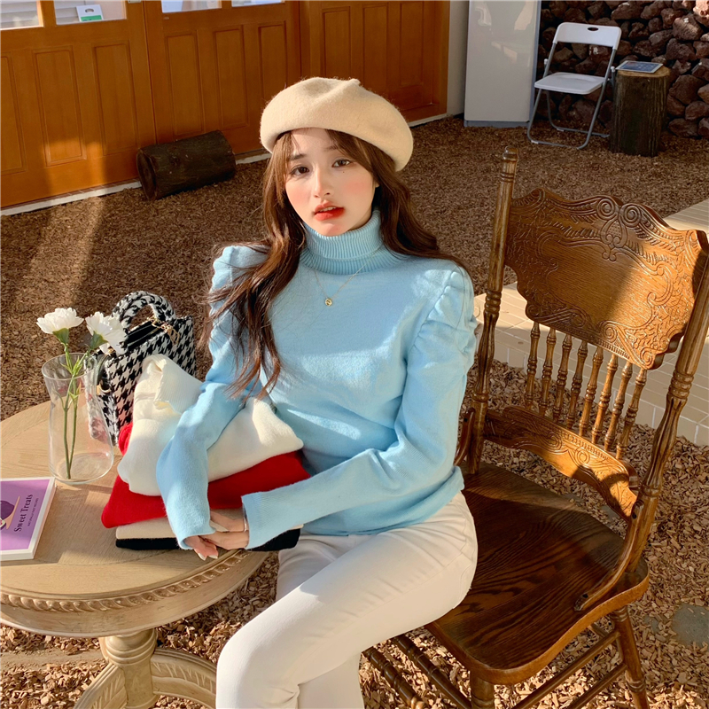 Real shot design feeling bubble sleeve T-shirt women's new year red solid long sleeve high collar top