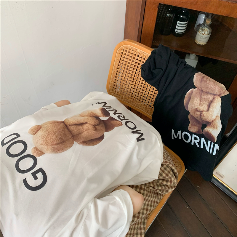 Real shot back bear letter print loose round neck short sleeve T-shirt