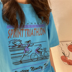 實拍實價湖藍系舒適復古古着印花短袖棉質T