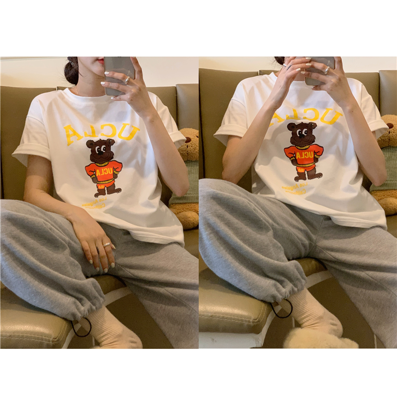 實拍實價熊印花短袖T恤女寬鬆街頭內搭純棉圓領打底衫