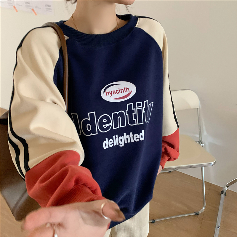 Real shot Hanfan Navy color contrast stitching letter lantern sleeve and velvet sweater