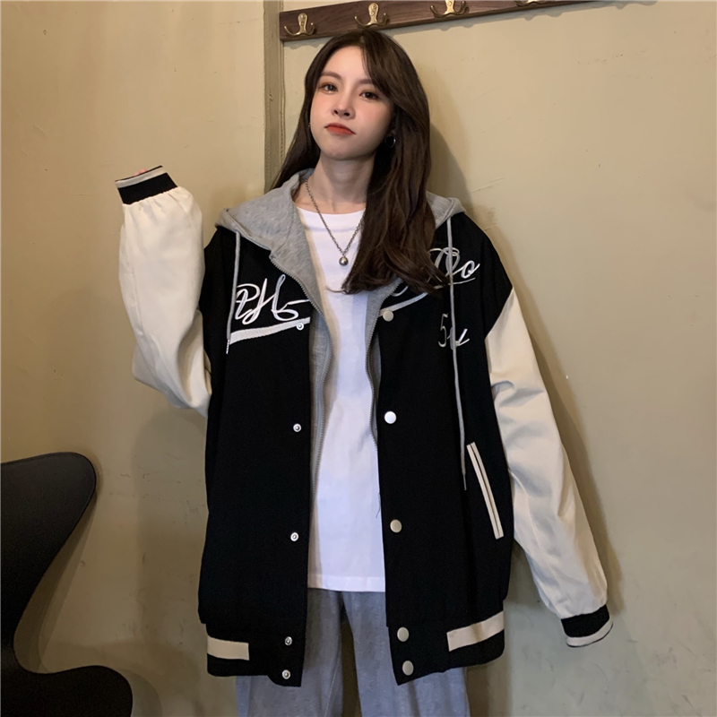 Real shot fake two piece hooded cotton jacket women's winter new loose BF Hong Kong style jacket Baseball Jacket cotton padded jacket