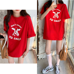 實拍實價牛氣沖天紅色t恤女春夏新款圓領短袖上衣印花體恤