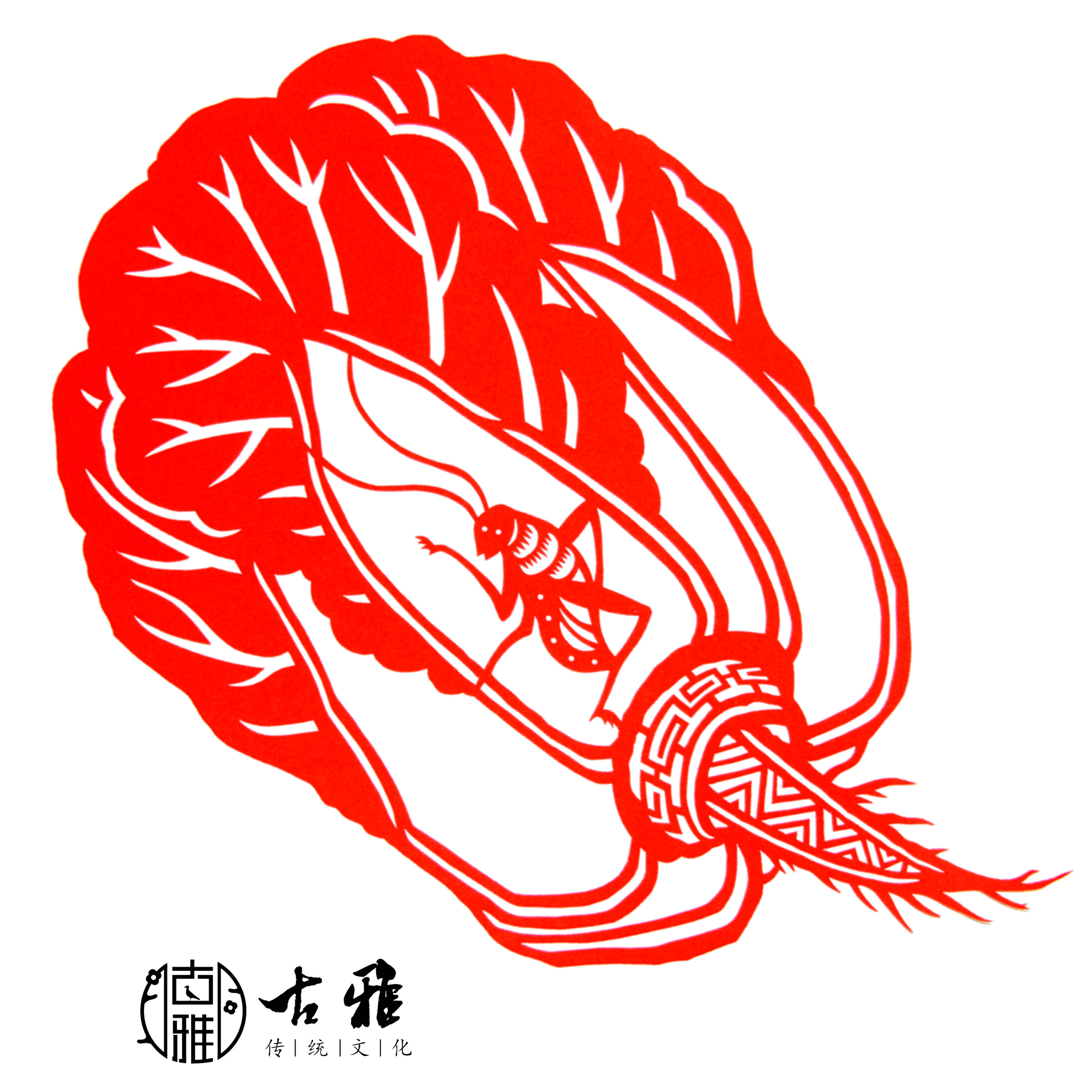 白菜蝈蝈剪纸非遗传统手工艺文化百财窗花红色宣纸成品