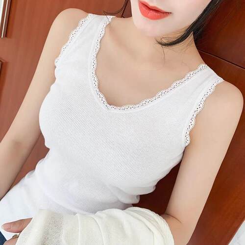 吊带背心女春夏外穿胖mm蕾丝花边无袖打底衫女内搭米白色性感上衣