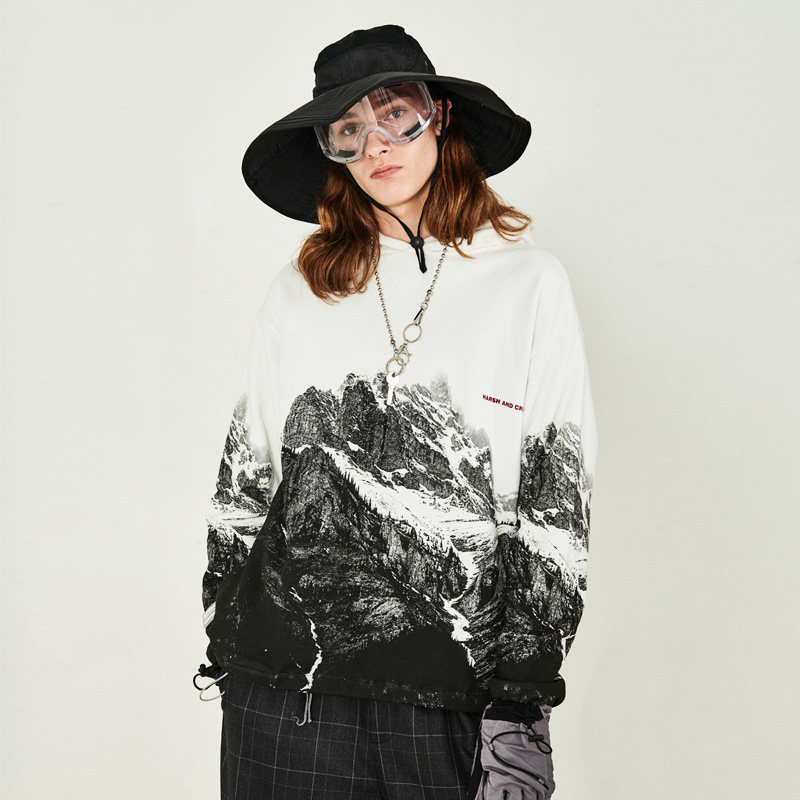 harshandcruel雪山满印花潮情侣连帽套头卫衣男女2020秋款潮宽松