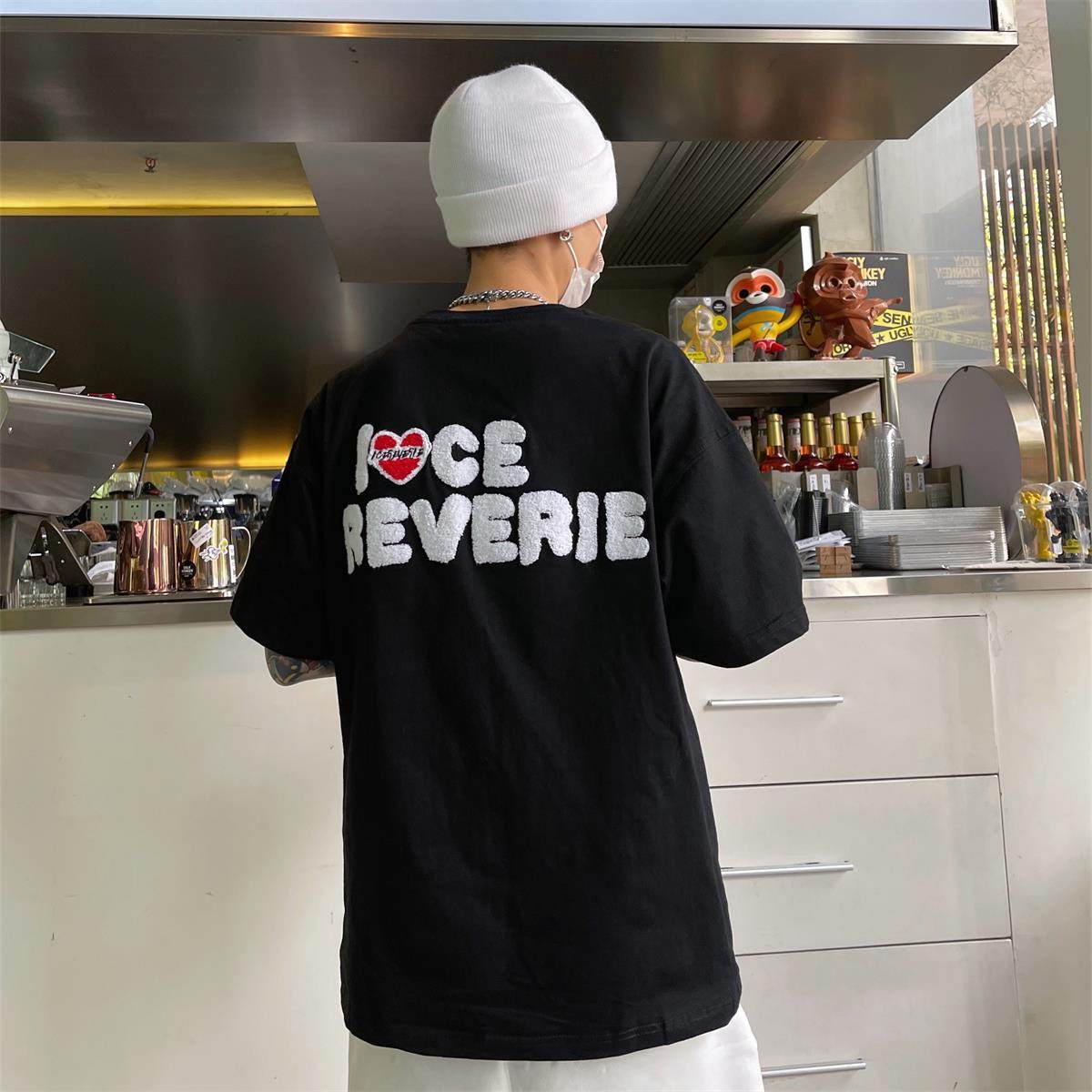 icereverie 夏季潮流爱心植绒休闲圆领青春男女情侣中性短袖t恤