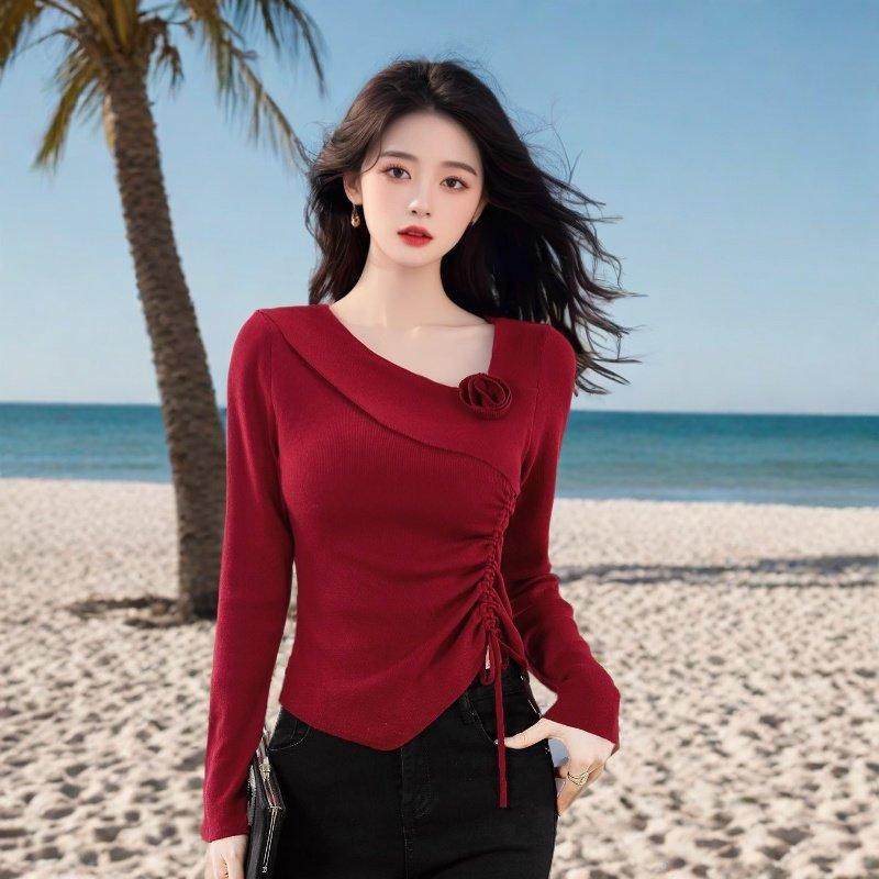 秋季斜领甜美立体花朵针织毛衣收腰显瘦抽绳绝美长袖上衣秋冬女装